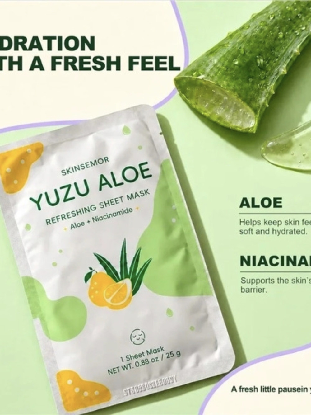 SKINSEMOR Yuzu Aloe Refreshing Sheet Mask Cotton Sheet Mask 3-Pack